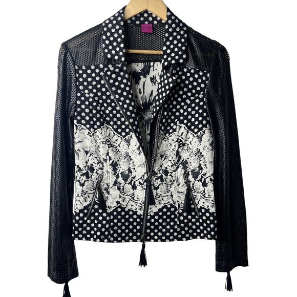 Save The Queen Polka Dot Perforated Leather Zip Up Collared Moto Jacket - Picture 1 of 9
